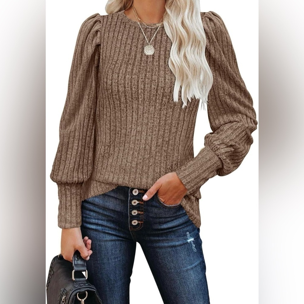 Women's Puff Long Sleeve Shirts Casual Knit Blouses Crew Neck Elegant New L